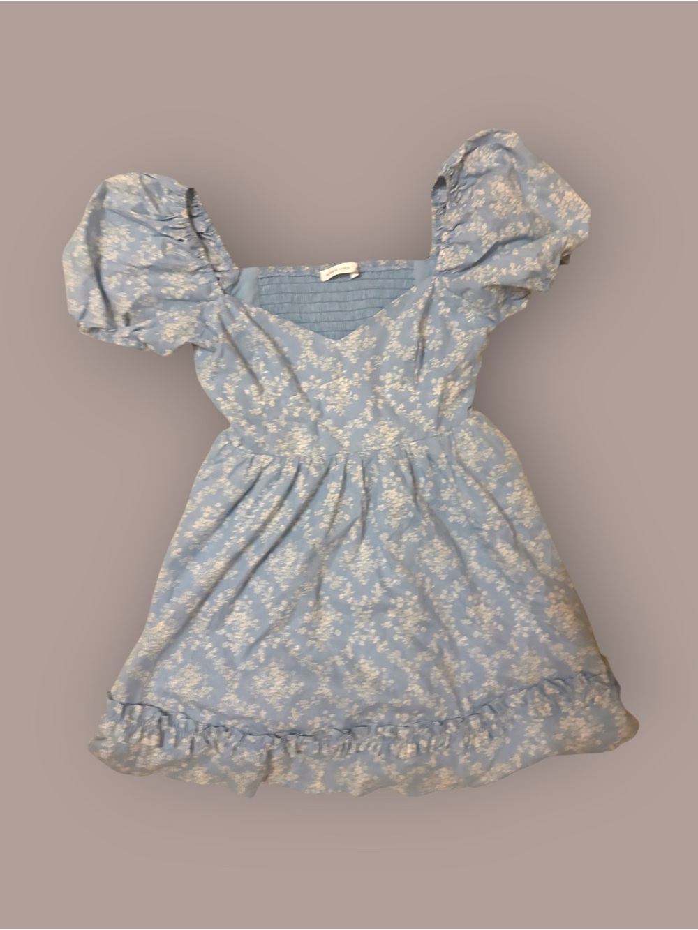 Smocked Puff-Sleeve Floral Dress in Light Blue